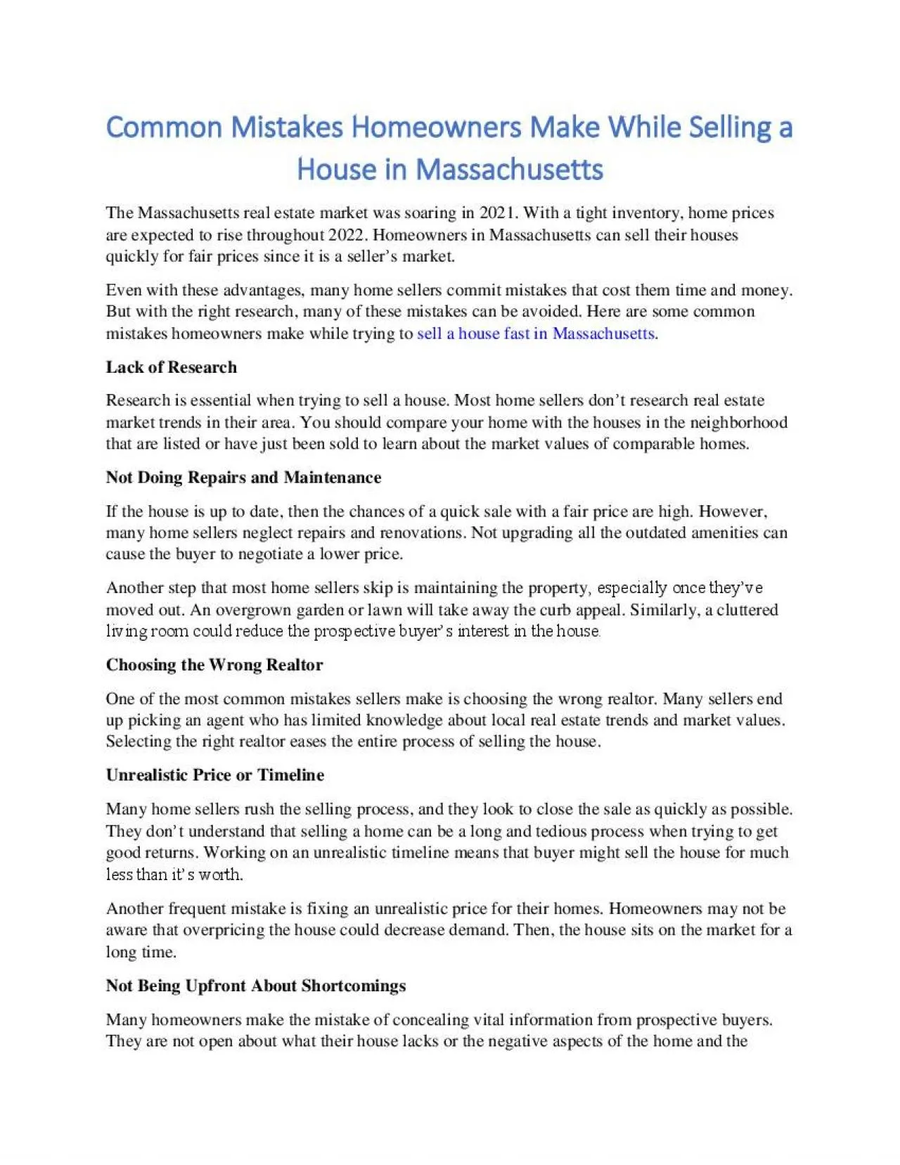 PDF-Common Mistakes Homeowners Make While Selling a House in Massachusetts