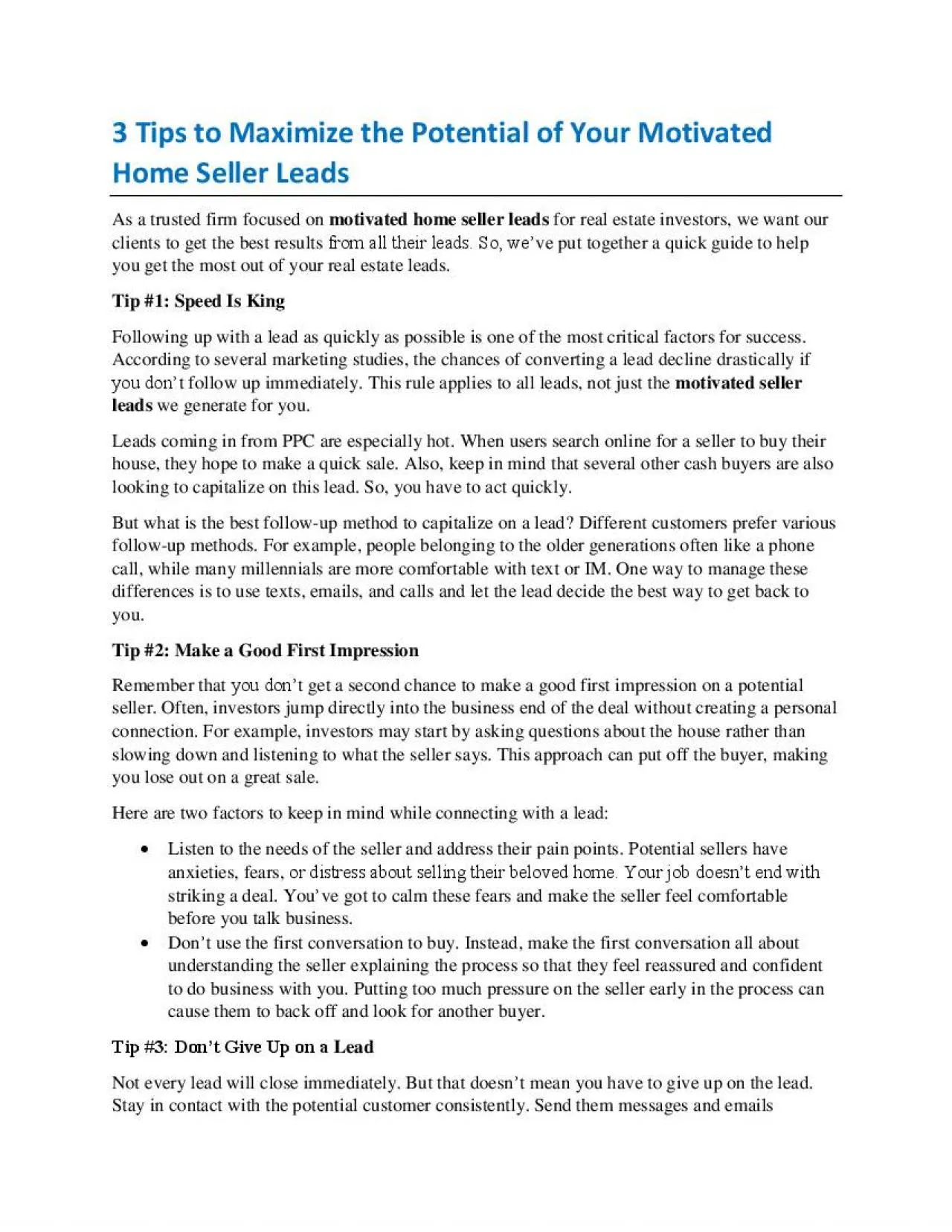 PDF-3 Tips to Maximize the Potential of Your Motivated Home Seller Leads