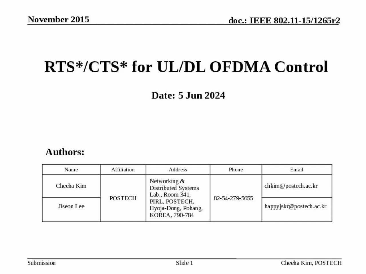 PPT-November 2015 Slide 1 RTS*/CTS* for UL/DL OFDMA Control