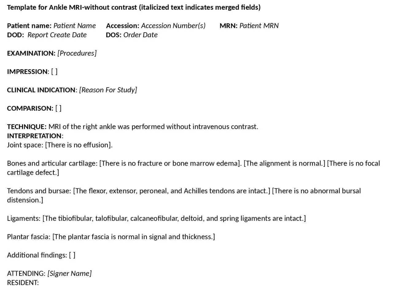 PPT-Template for Ankle MRI-without contrast (italicized