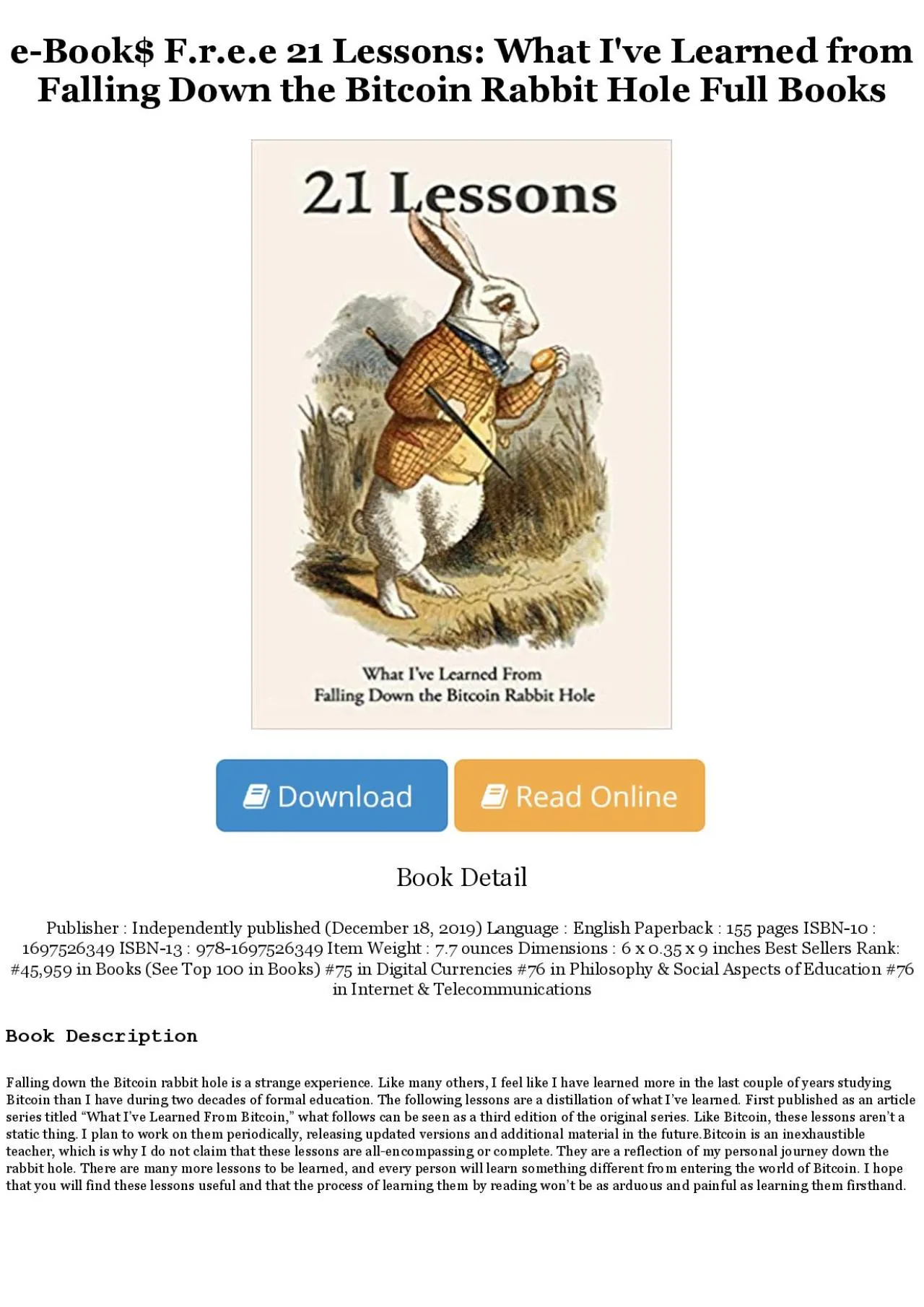 PDF-PDF 21 Lessons: What I\'ve Learned from Falling Down the Bitcoin Rabbit Hole [Full]