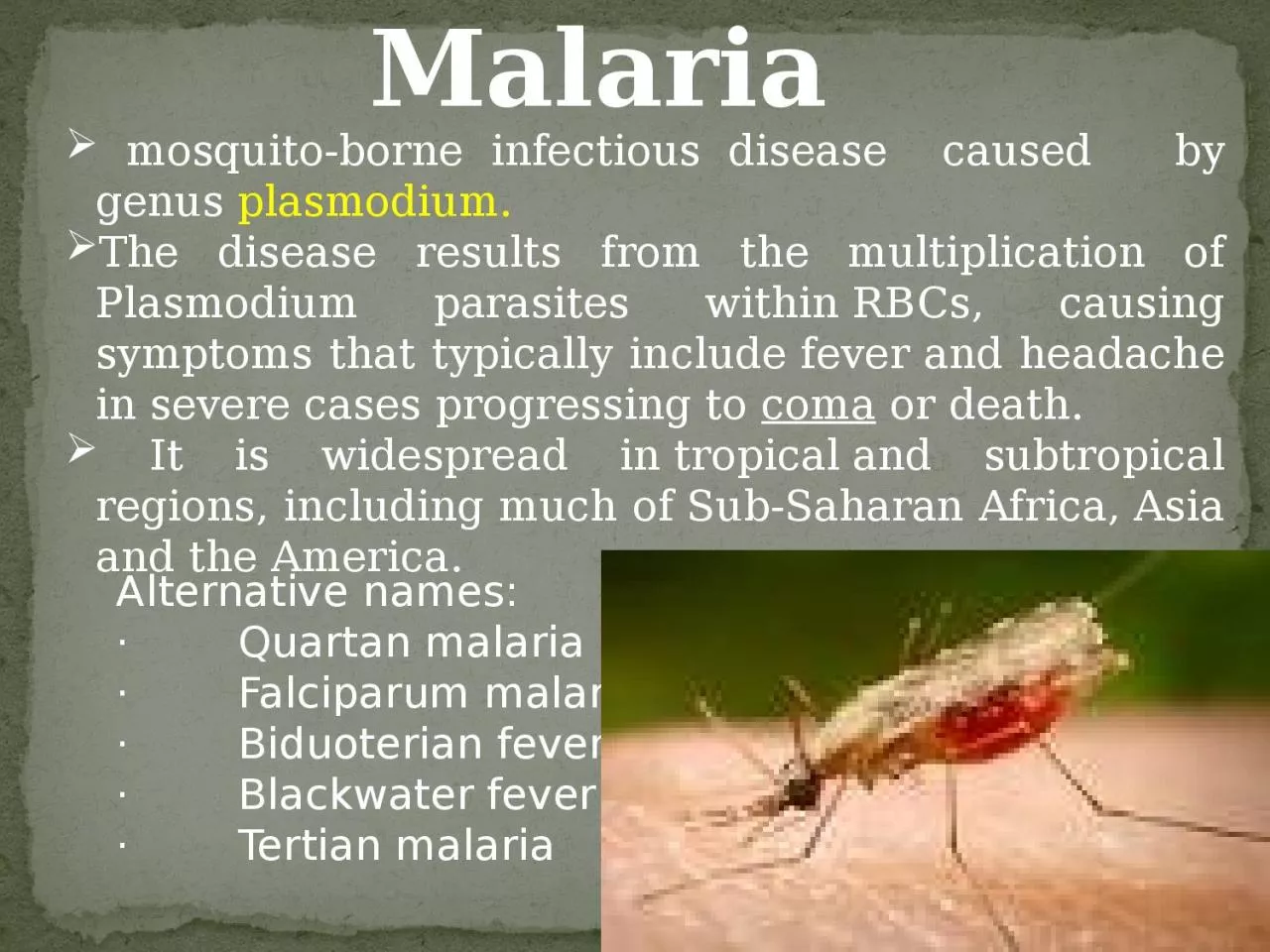 PPT-Malaria mosquito-borne infectious disease caused by genus