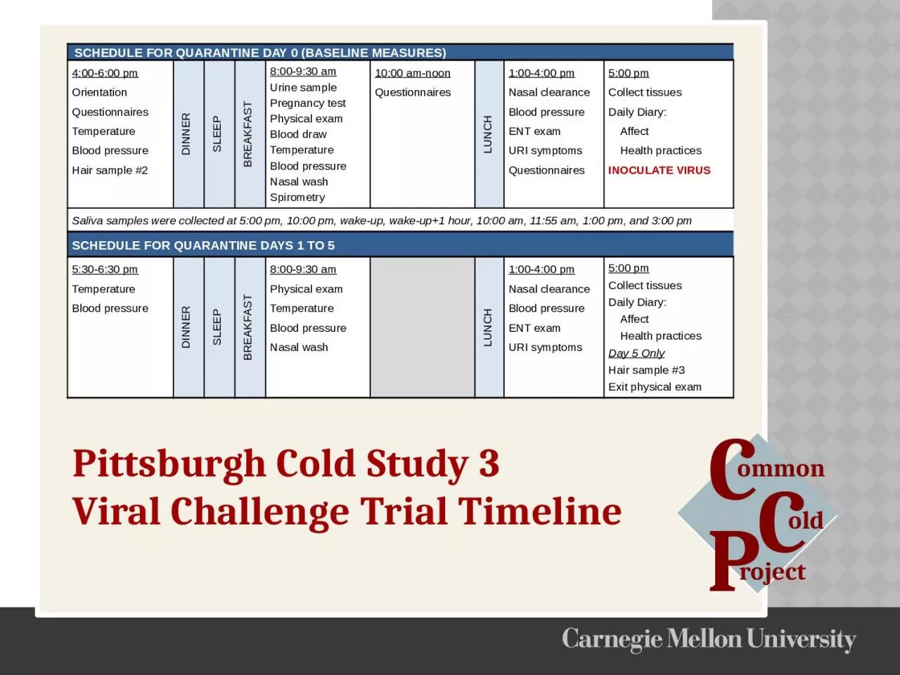 Pittsburgh Cold Study 3 Viral Challenge Trial Timeline