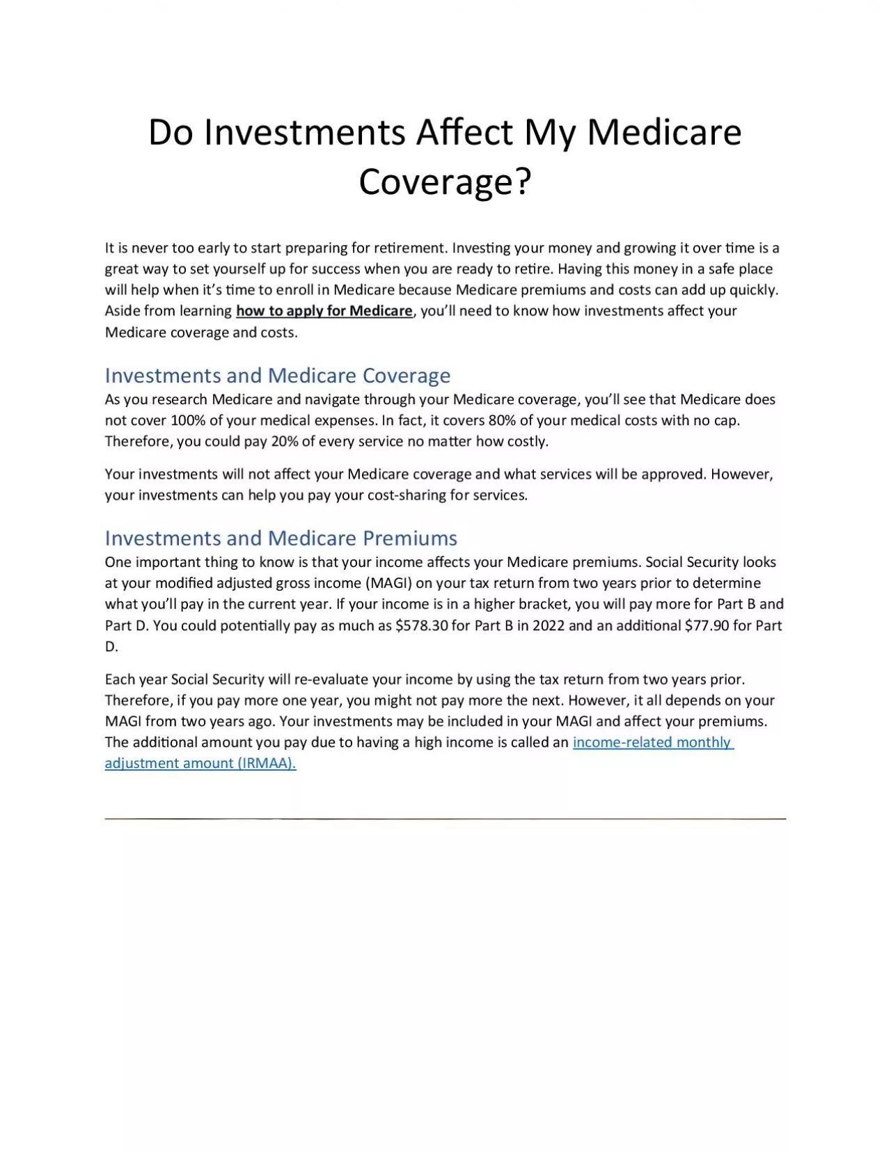 Do Investments Affect My Medicare Coverage?