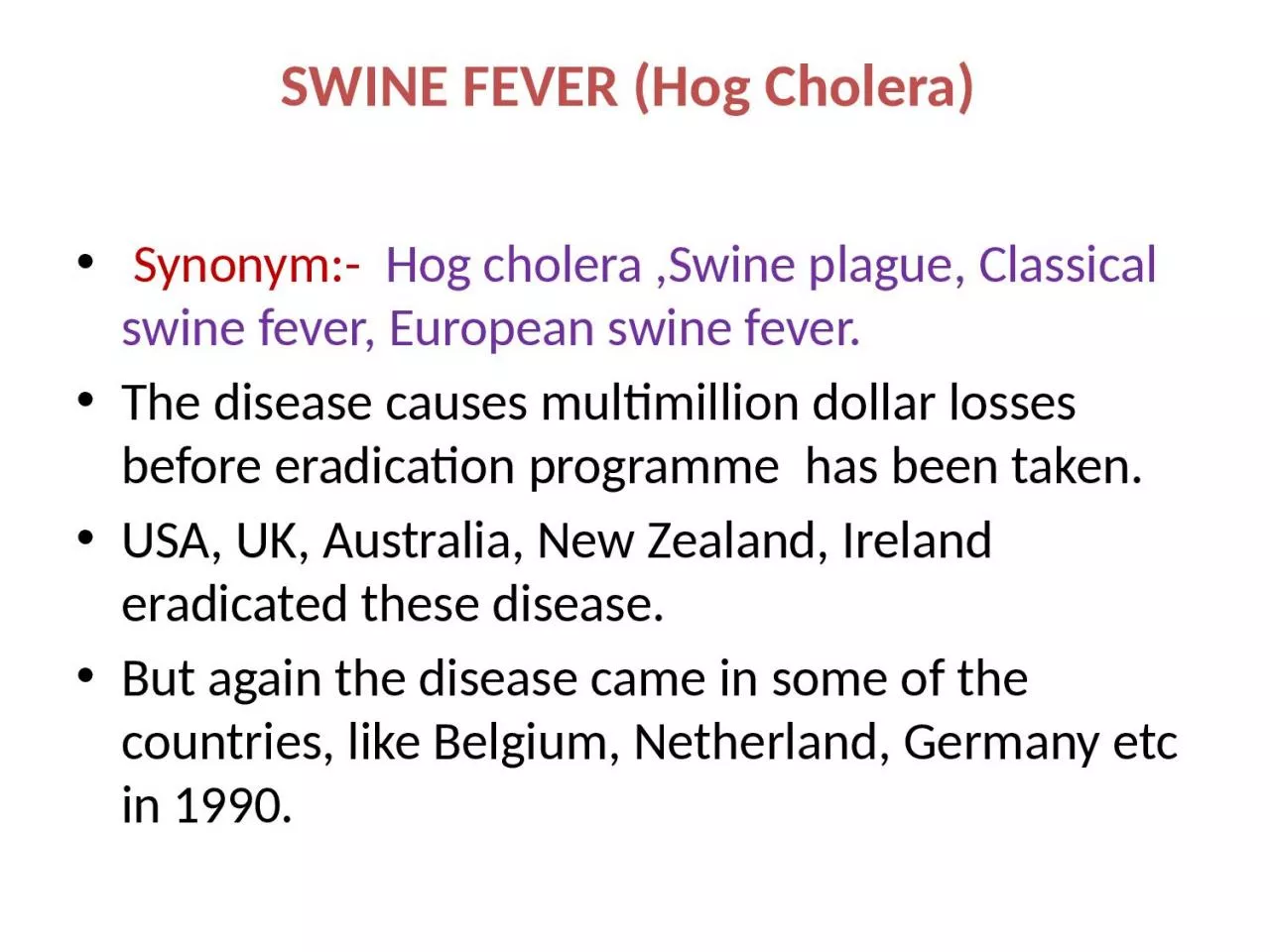 SWINE FEVER (Hog Cholera)