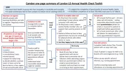 Camden one page summary of London LD Annual Health Check Toolkit