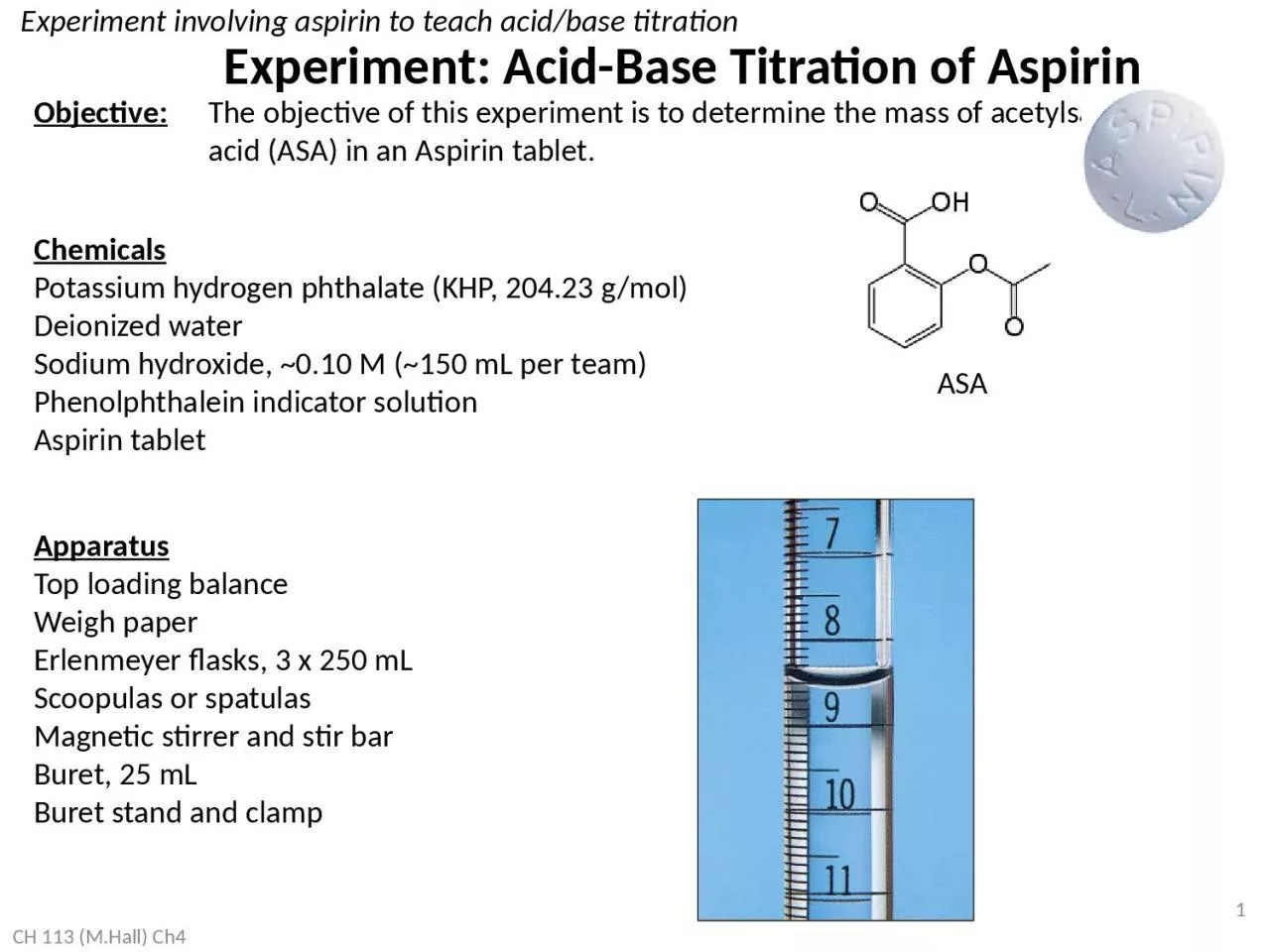 1 Objective: 	The objective of this experiment is to determine the mass of acetylsalicylic