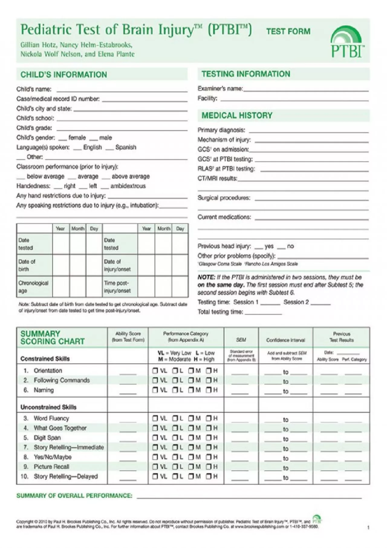 PDF-(EBOOK)-Pediatric Test of Brain Injury™ (PTBI™ ) Test Form