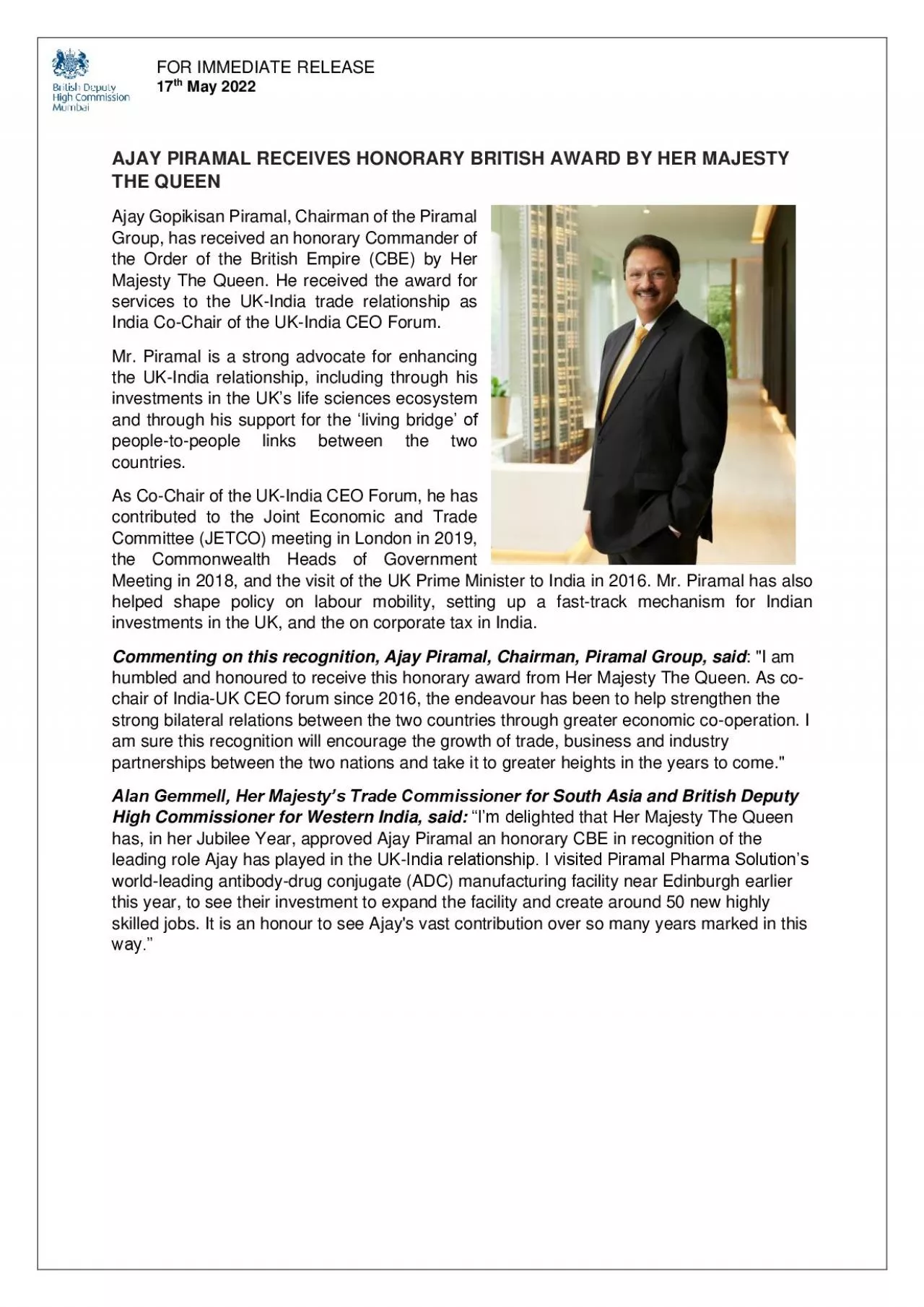 PDF-AJAY PIRAMAL RECEIVES HONORARY BRITISH AWARD BY HER MAJESTY THE QUEEN