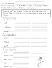 Practice With Synonyms - Antonyms - HomonymsPerformance Reading - Puff