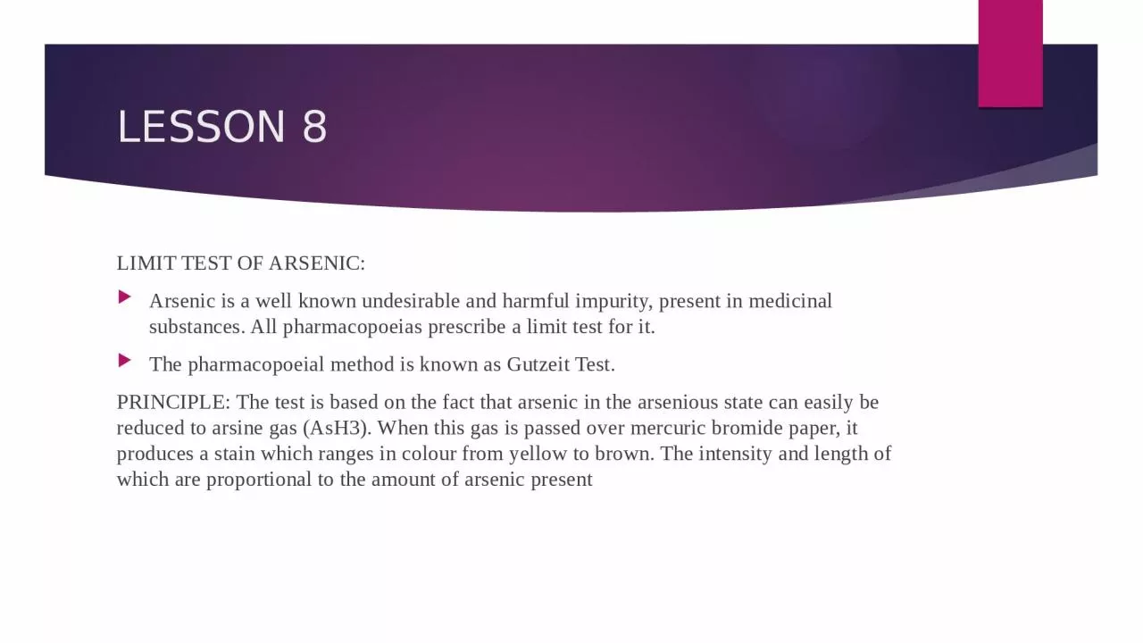 LESSON 8 LIMIT TEST OF ARSENIC: