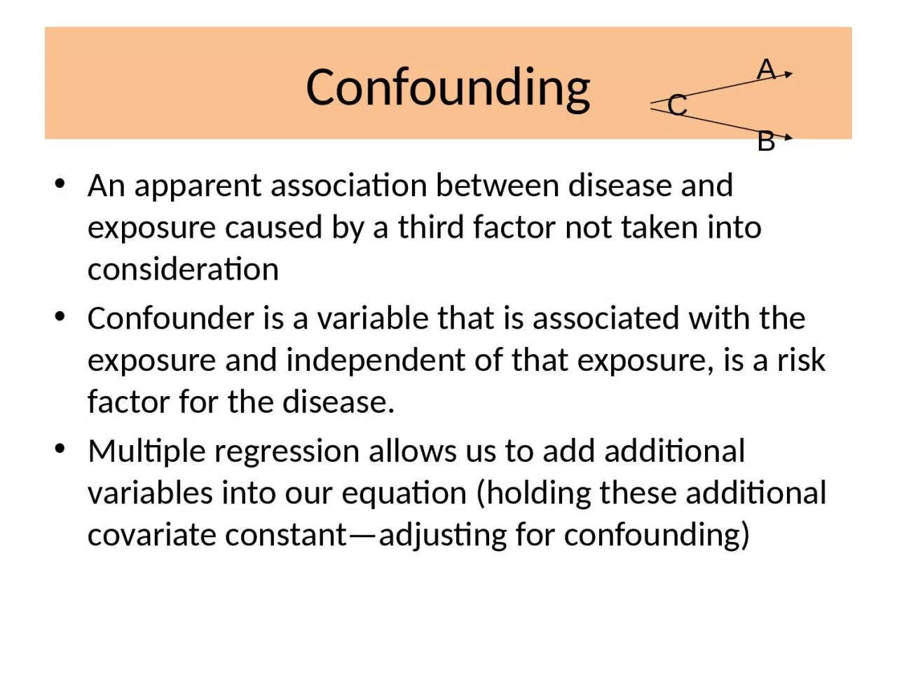 Confounding An apparent association between disease and exposure caused by a third factor