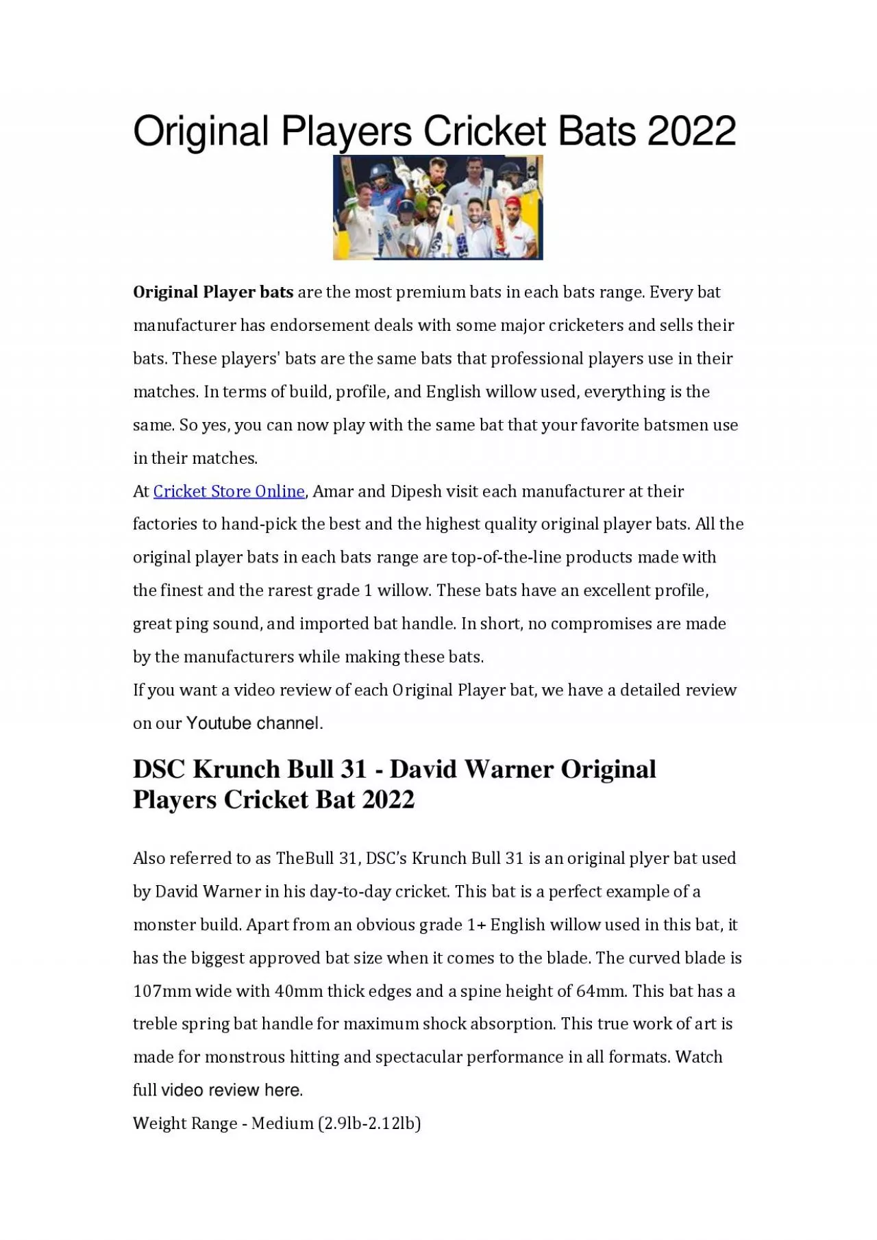 PDF-Original Players Cricket Bats 2022