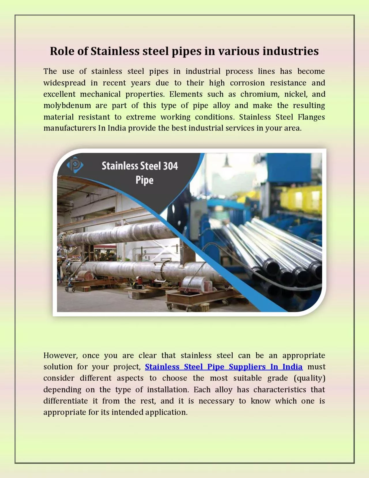 Role of Stainless steel pipes in various industries