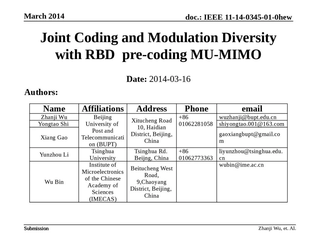Zhanji  Wu, et. Al. Joint Coding and Modulation Diversity with RBD