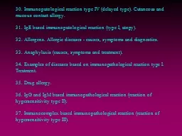 30. Immunopatological reaction type IV (delayed type). Cutaneous and mucous contact allergy.