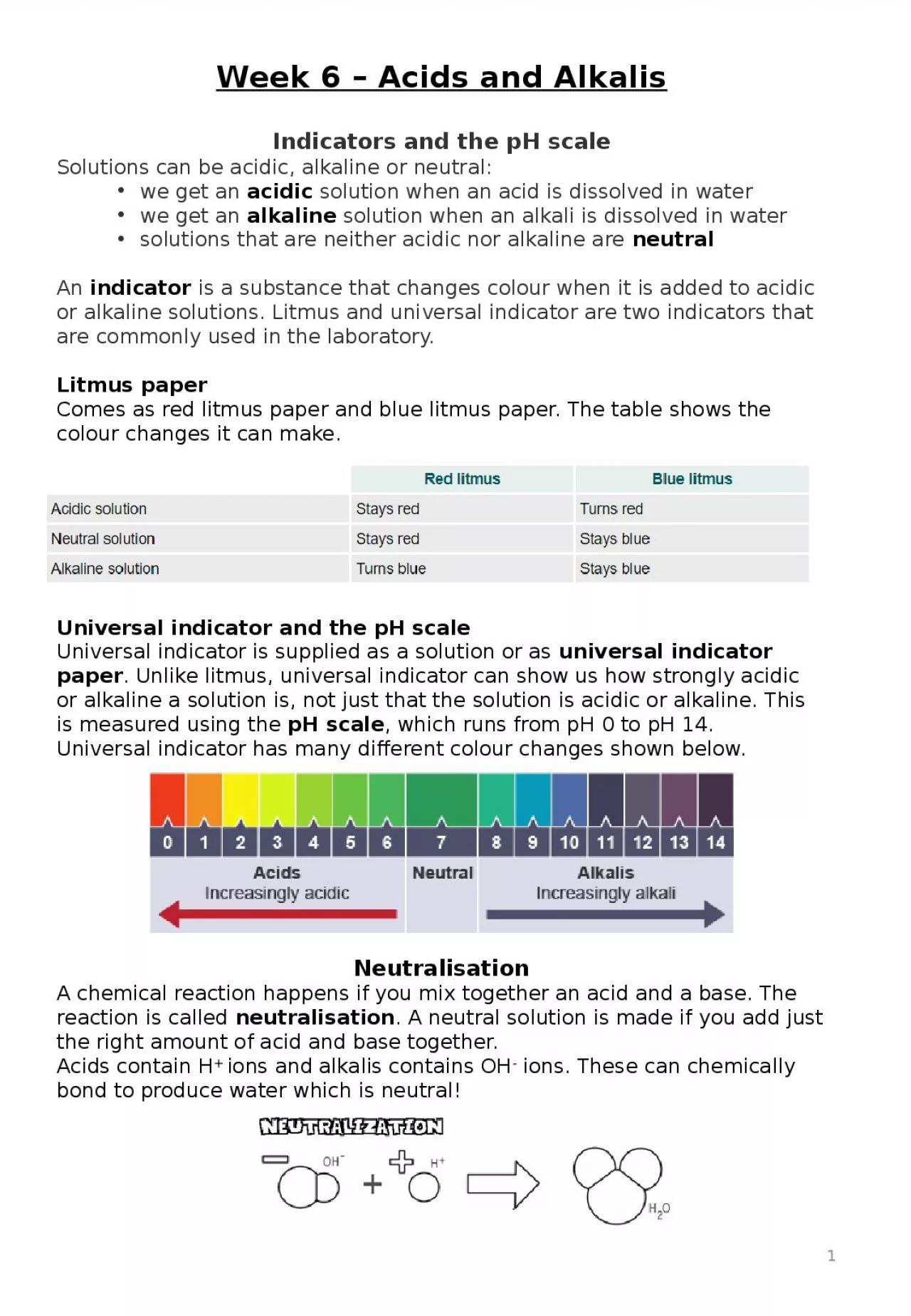 Week 6 – Acids and Alkalis