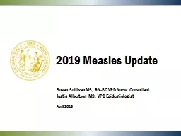 2019 Measles Update Susan Sullivan MS, RN-BC VPD Nurse Consultant