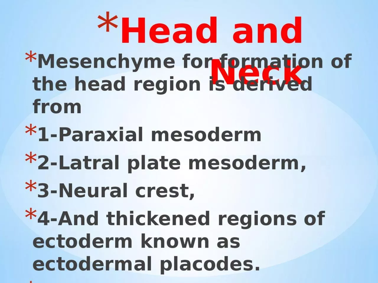 Head and Neck Mesenchyme for formation of the head region is derived from