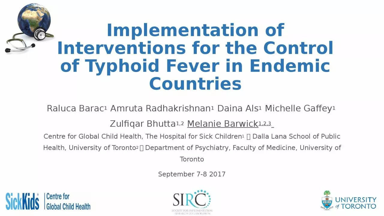 Impleme n tation of Interventions for the Control of Typhoid Fever in Endemic Countries
