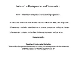 Lecture 1 – Phylogenetics and Systematics
