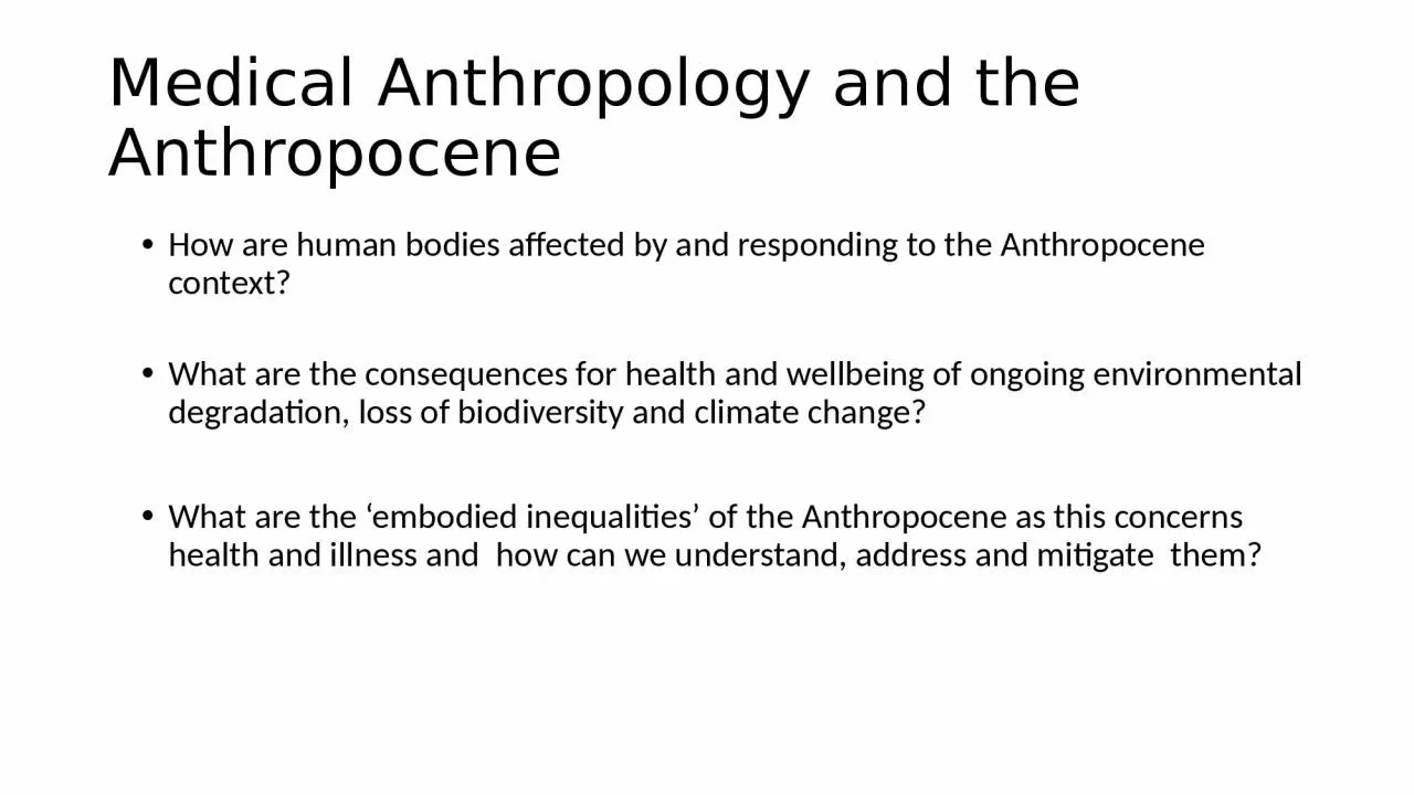 Medical Anthropology and the Anthropocene