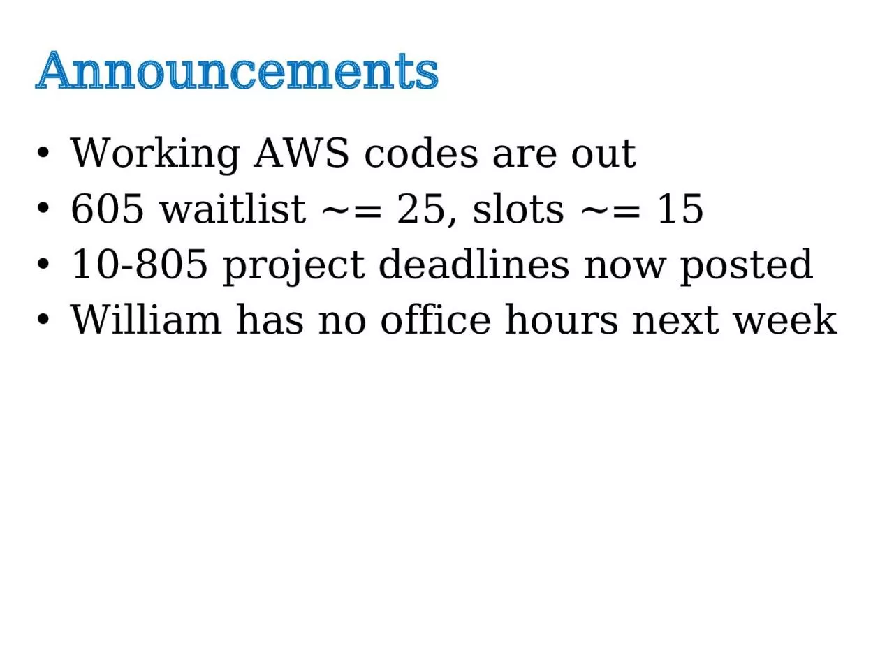 Announcements Working AWS codes
