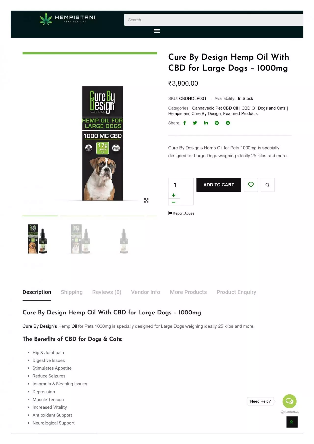 Cure By Design Hemp Oil With CBD for Large Dogs - 1000mg - Hempistani