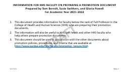 INFORMATION FOR HHS FACULTY ON PREPARING A PROMOTION DOCUMENT