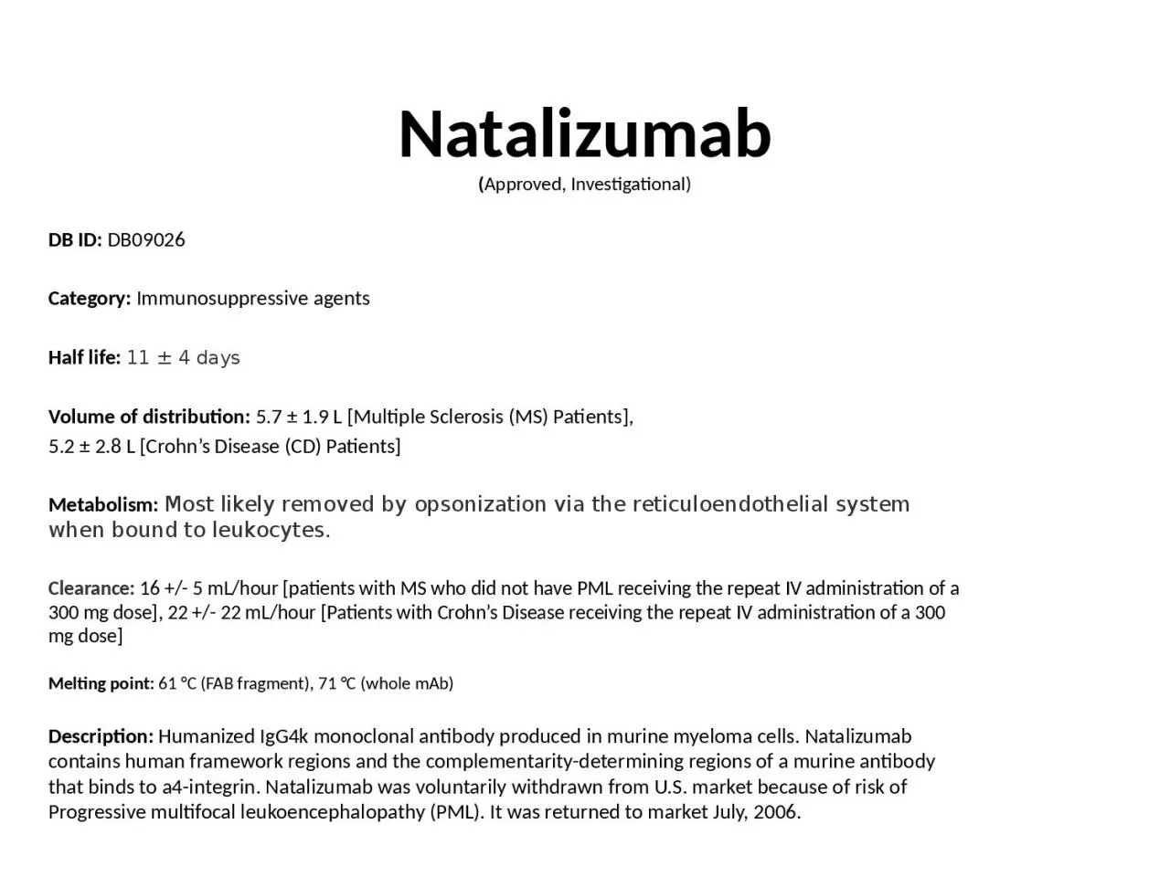 Natalizumab ( Approved, Investigational)