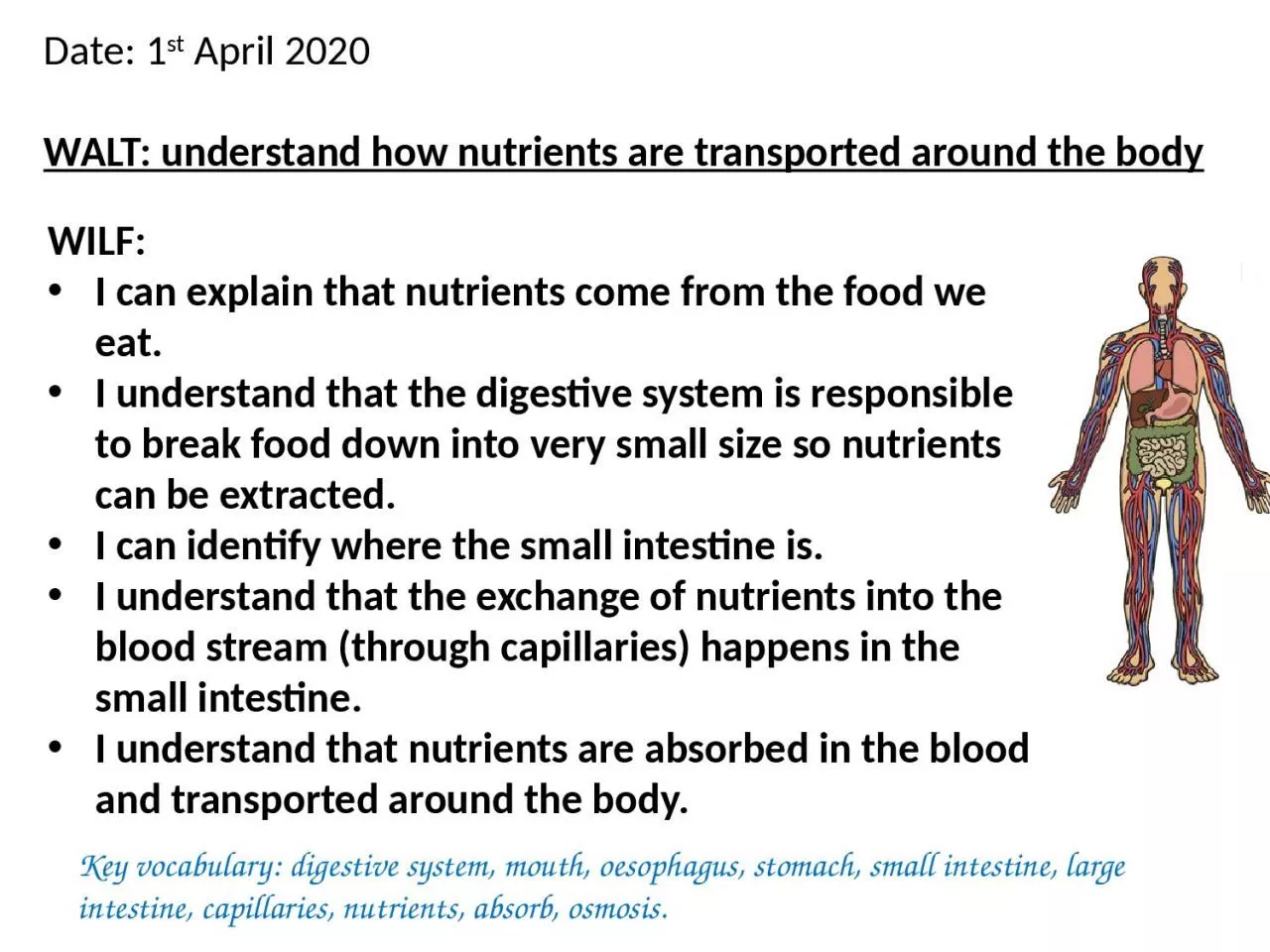 Date: 1 st  April 2020 WALT: understand how nutrients are transported around the body