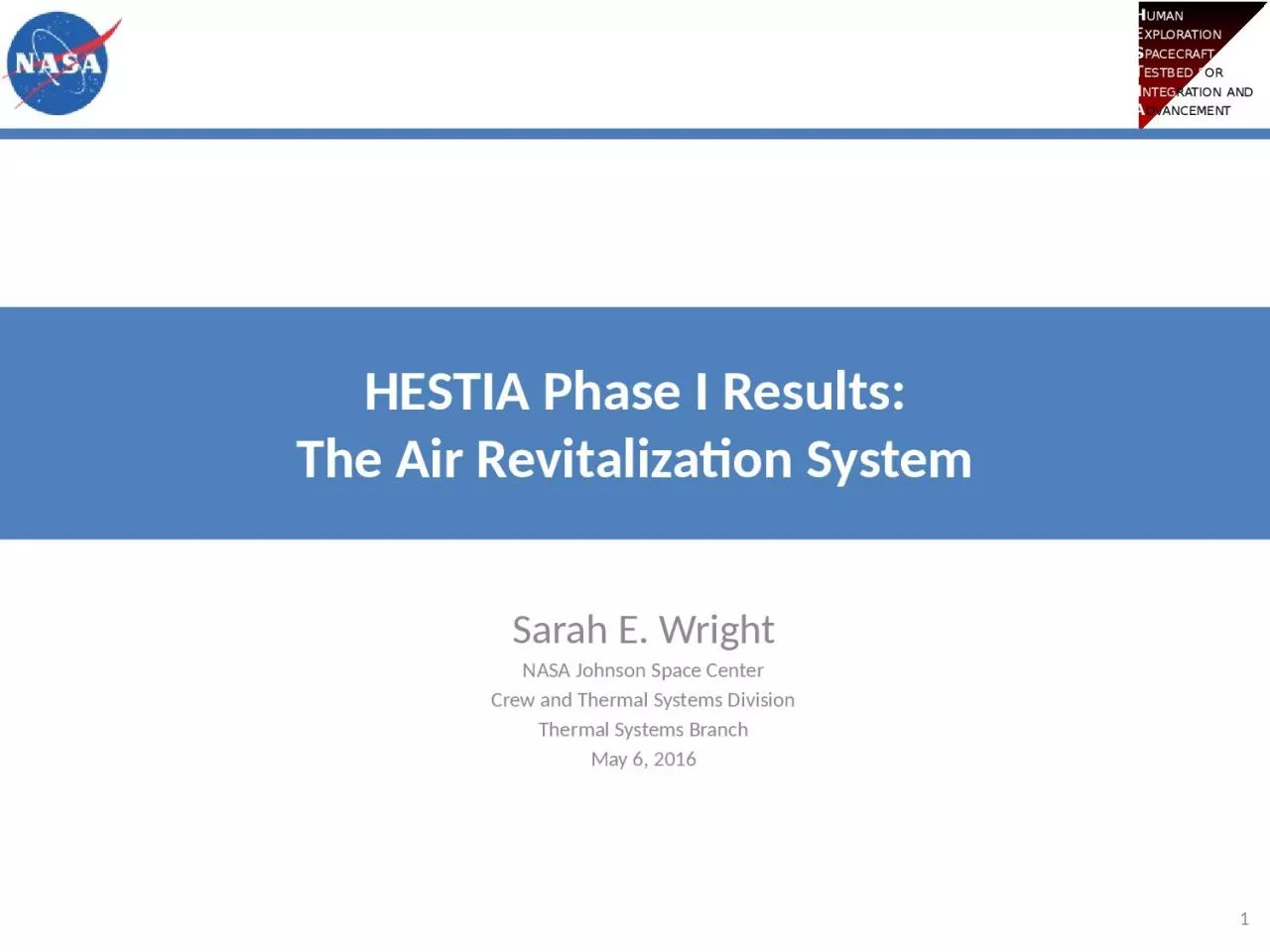 HESTIA Phase I Results: The Air Revitalization System