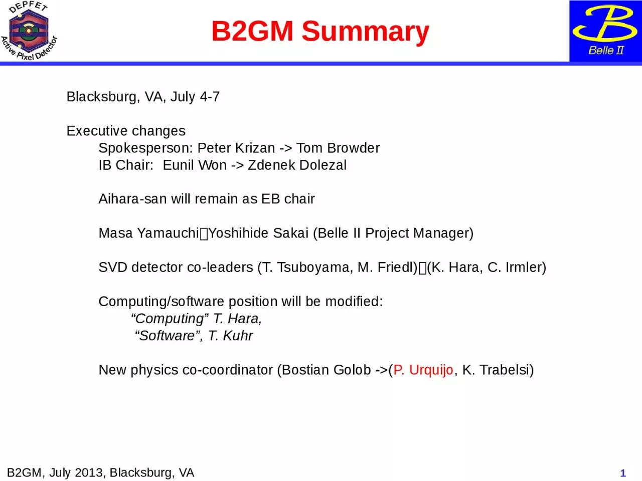 B2GM Summary 1 Blacksburg, VA, July 4-7