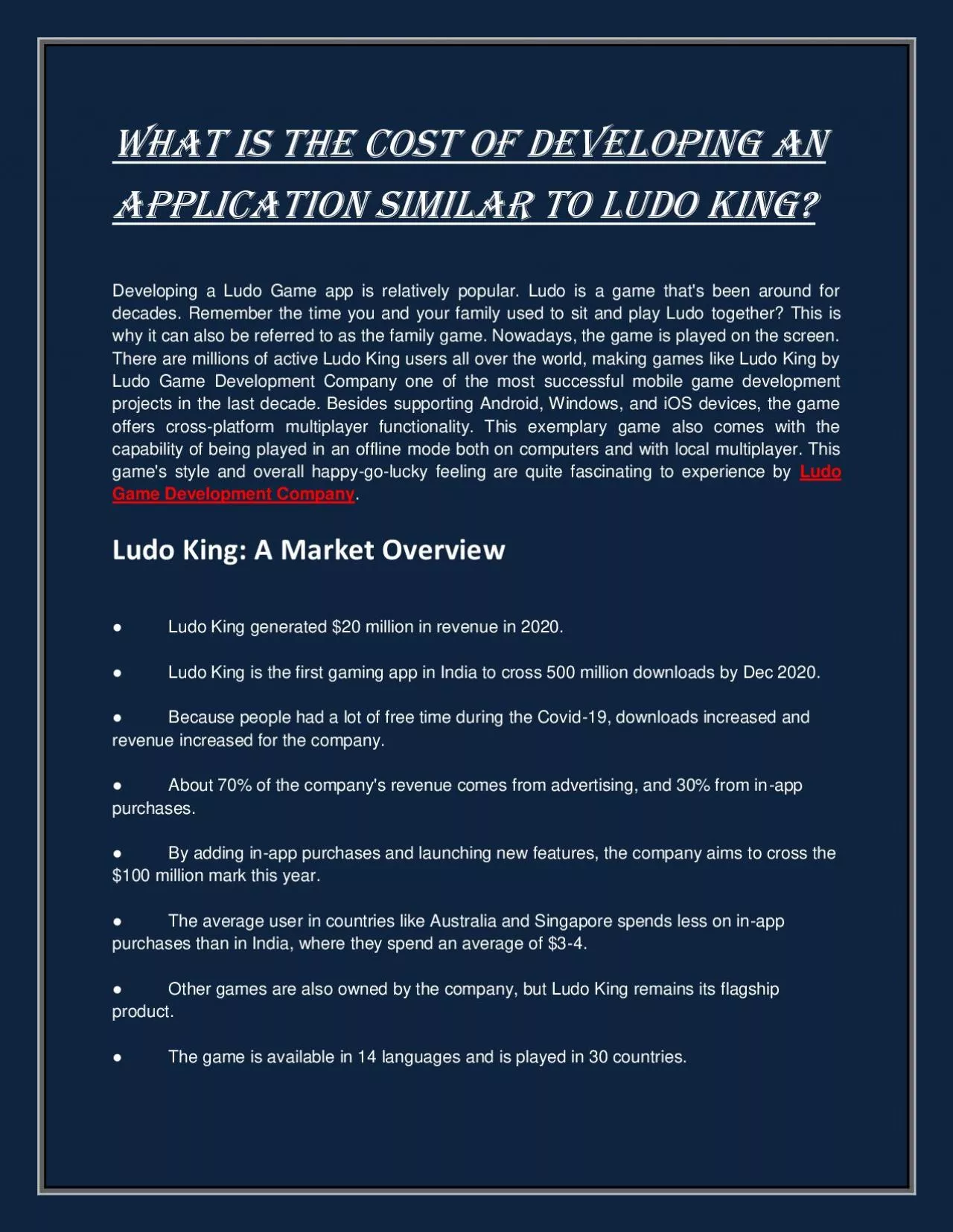 What Is The Cost Of Developing An Application Similar To Ludo King?