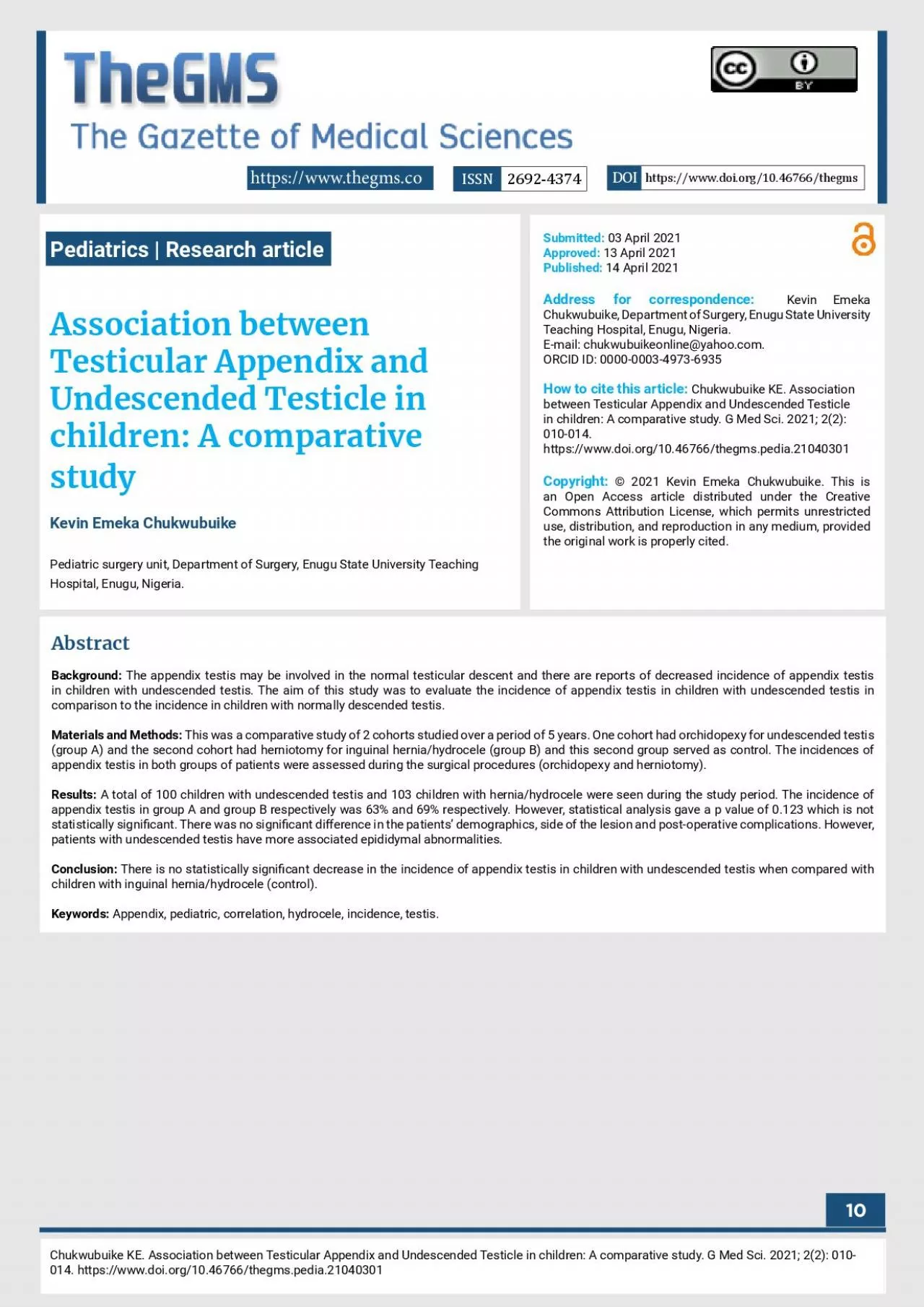 Chukwubuike KE Association between Testicular Appendix and Undescende