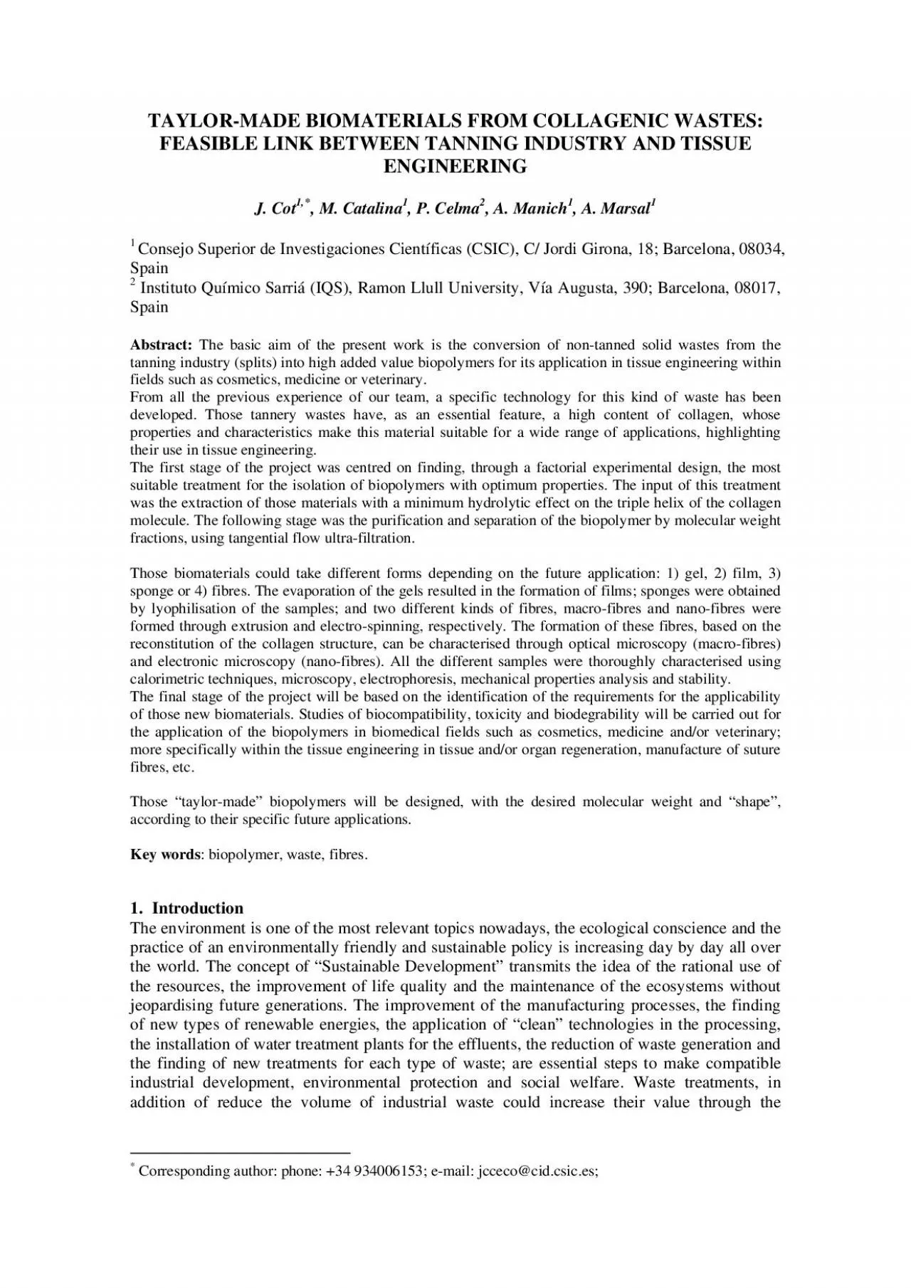 PDF-TAYLORMADE BIOMATERIALS FROM COLLAGENIC WASTES FEASIBLE LINK BETWEEN