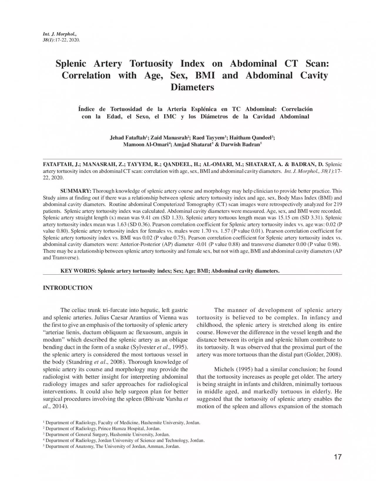 Splenic Artery Tortuosity Index on Abdominal CT ScanCorrelation with