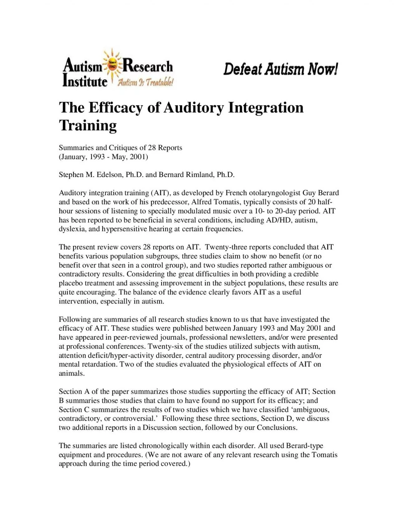 The Efficacy of Auditory Integration TrainingSummaries and Critiques o