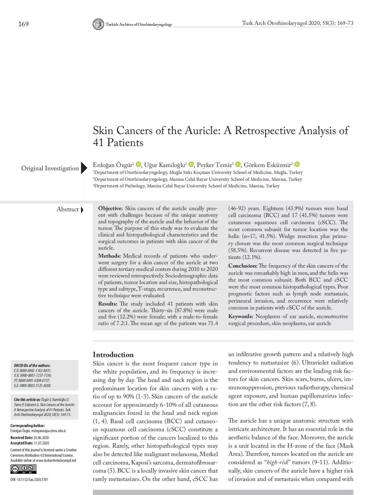 Skin Cancers of the Auricle A Retrospective Analysis of