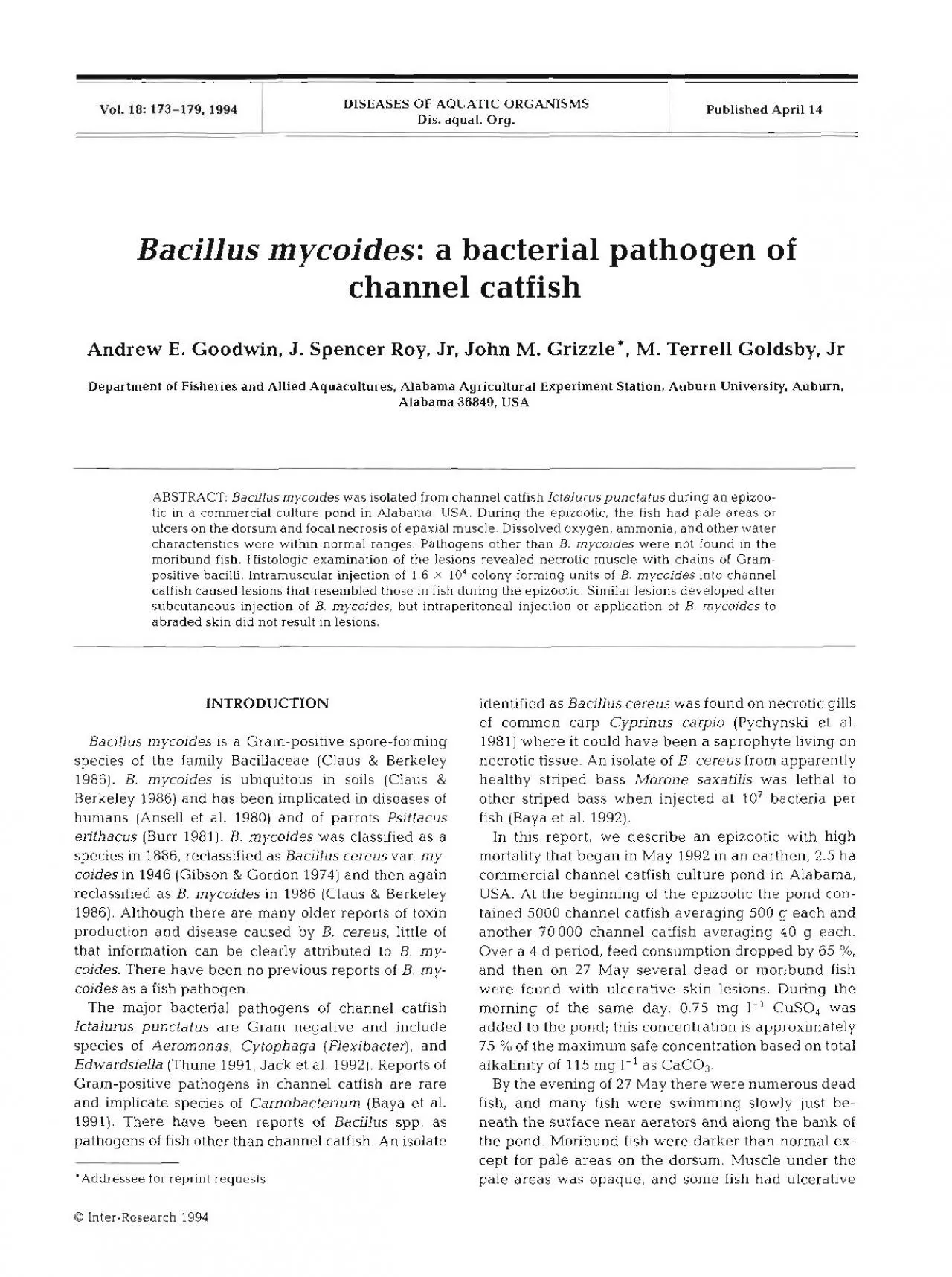 AQUATIC ORGANISMS Published April a bacterial Aquacultures Alabama Ag