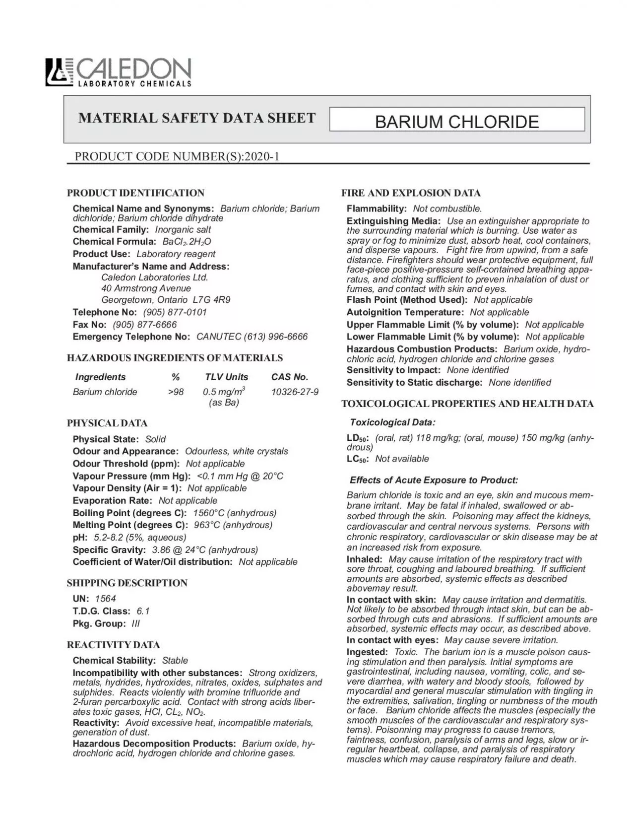 PDF-PRODUCTIDENTIFICATIONChemicalNameandSynonymsBariumchlorideBariumdich