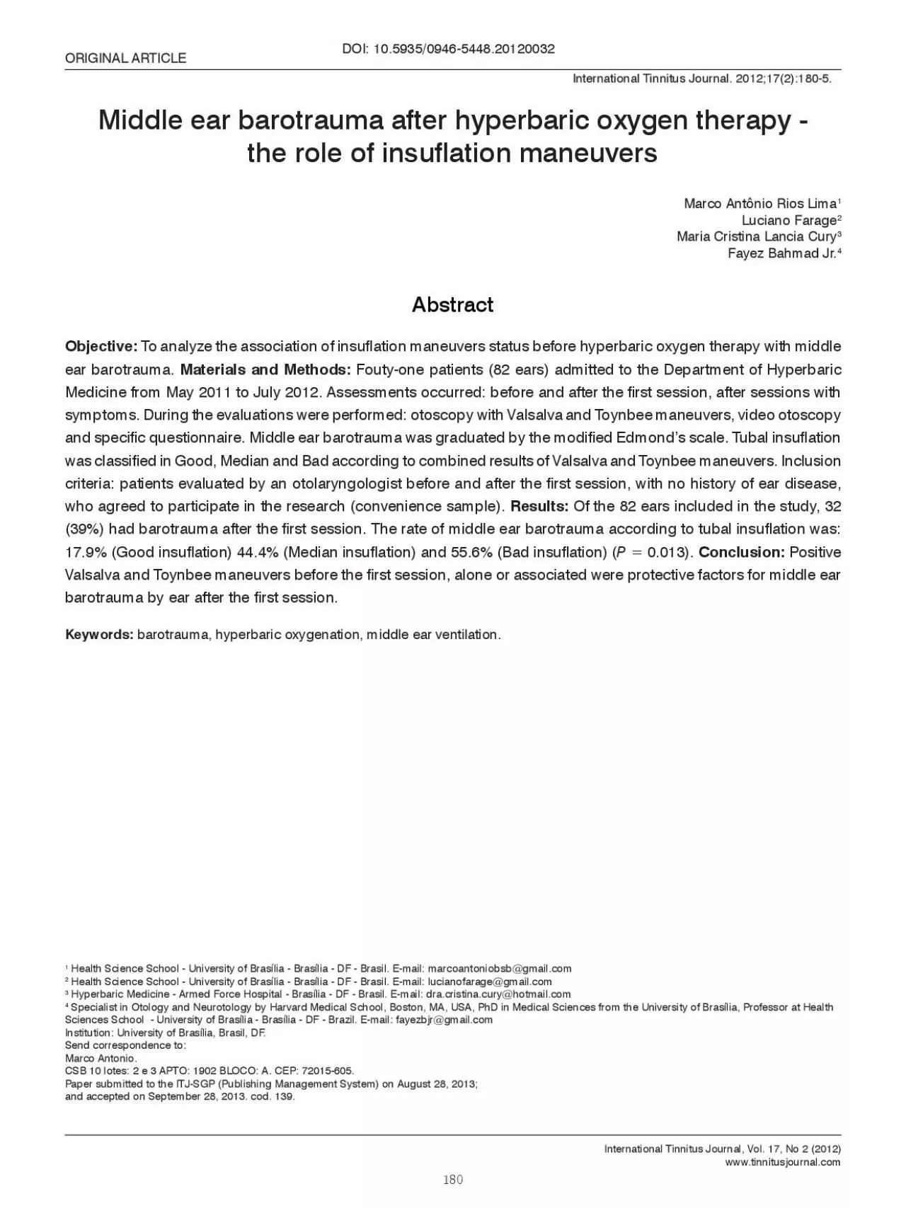 PDF-Middle ear barotrauma after hyperbaric oxygen therapy