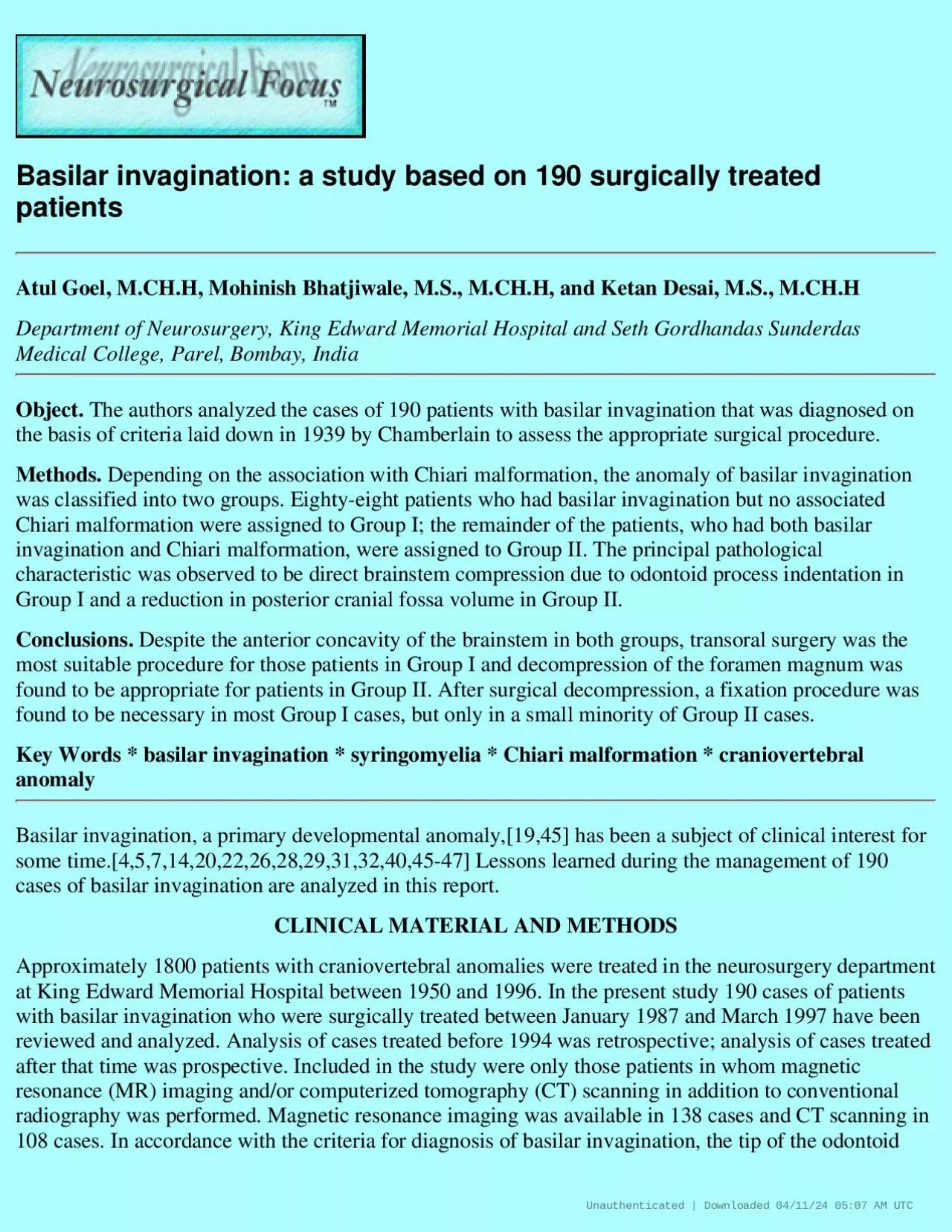 PDF-Basilar invagination a study based on 190 surgically treated