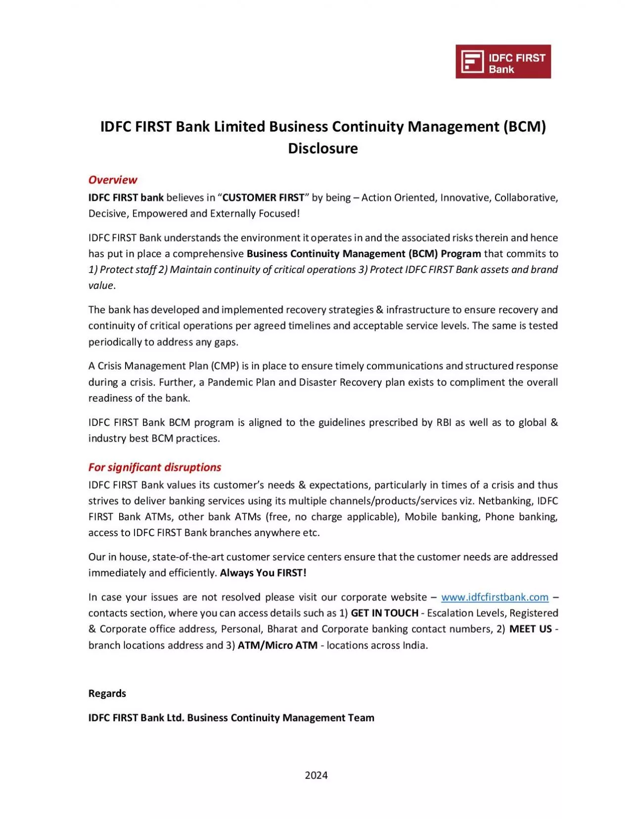 Bank Limited Business Continuity Management BCM