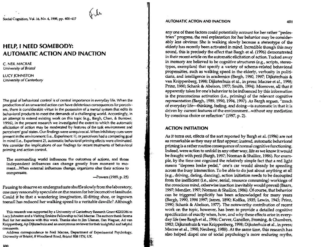 Social Cognition Vol 16 No 41998 pp 400417AUTOMATIC ACTION AND