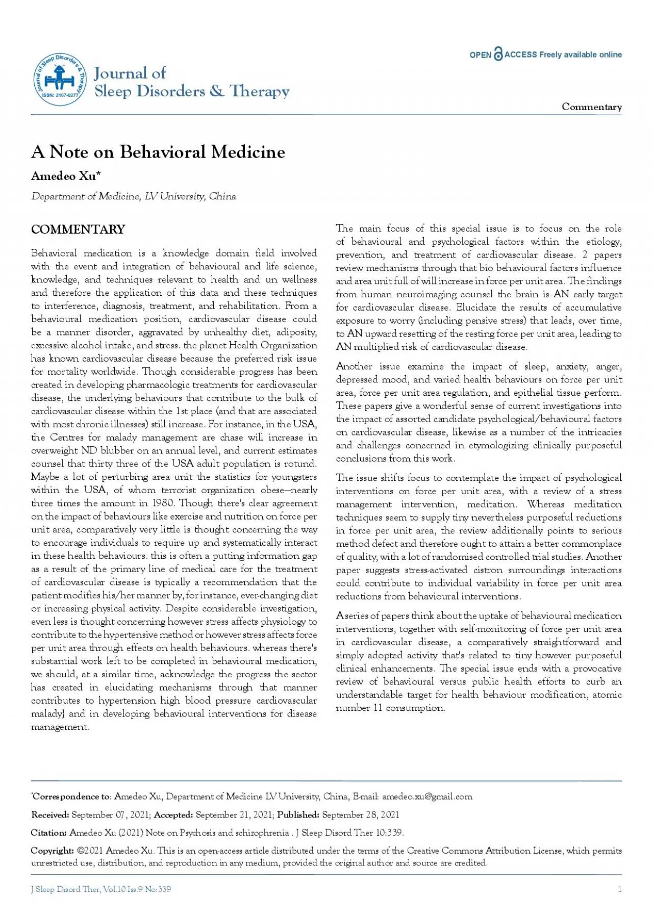 J Sleep Disord Ther Vol10 Iss9 No339A Note on Behavioral Medicine