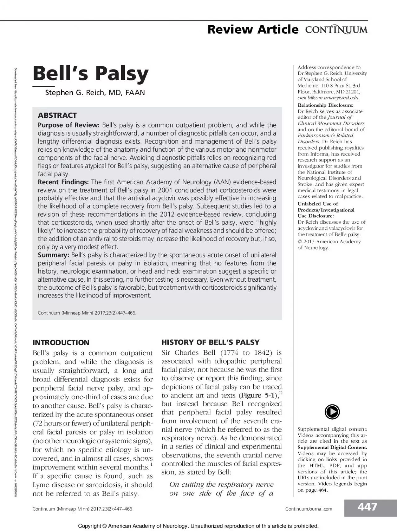 PDF-BellsPalsyStephenGReichMDFAANPurposeofReviewBellspalsyisacommono