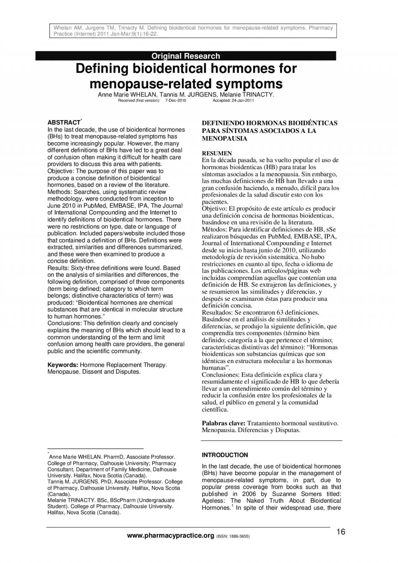Whelan AM Jurgens TM Trinacty M Defining bioidentical hormones for