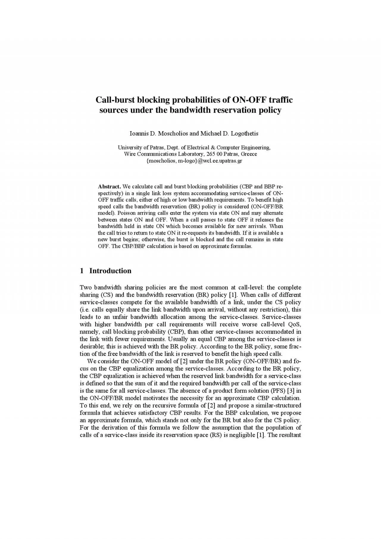 PDF-Callburst blocking probabilities of ONOFF traffic sources under the