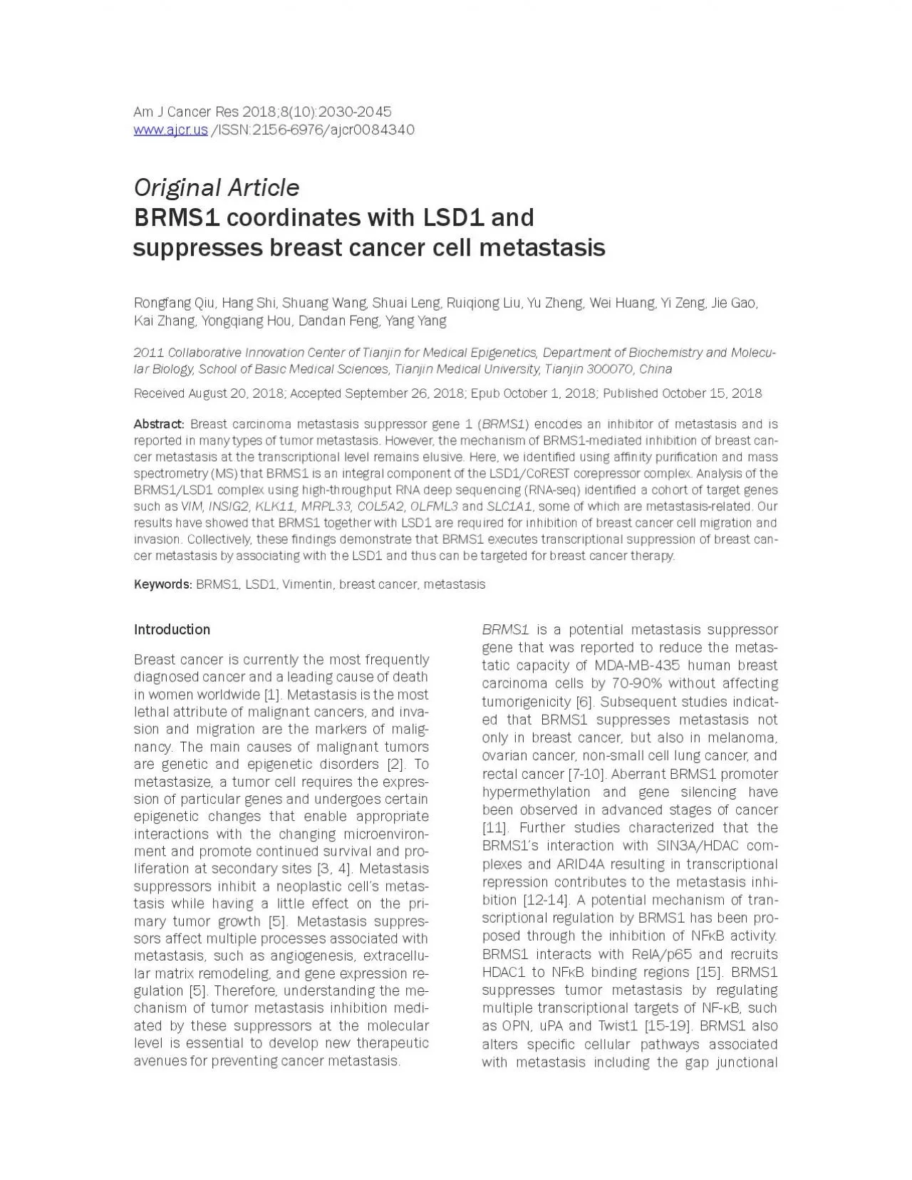 PDF-BRMS1 interacts with LSD1CoREST complex